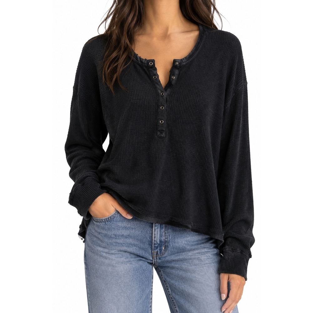 OFFLINE by Aerie Black Waffle Knit Henley Top XL Long Sleeve Oversized Slouchy